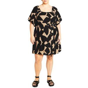 Dress Uptown Mini Black & Beige Abstract Print Short Sleeve City Chic